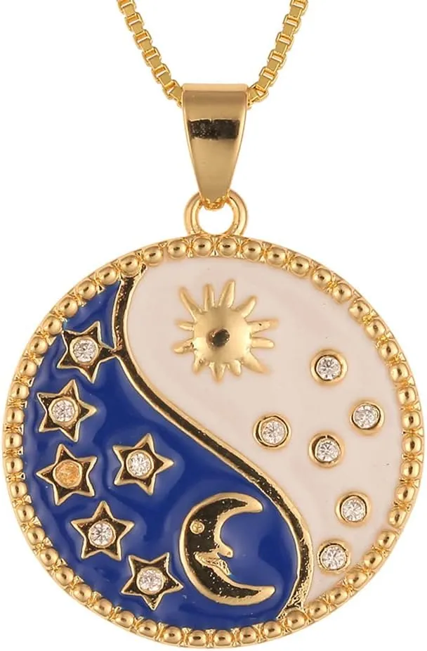 Gold Moon Sun Pendant Necklace for Women, Retro Yin Yang Necklace, Vintage Stainless Steel Tarot Card Necklace Sun Moon Enamel Pendant Necklace for Women Men, Maya civilization Necklaces (Style A)