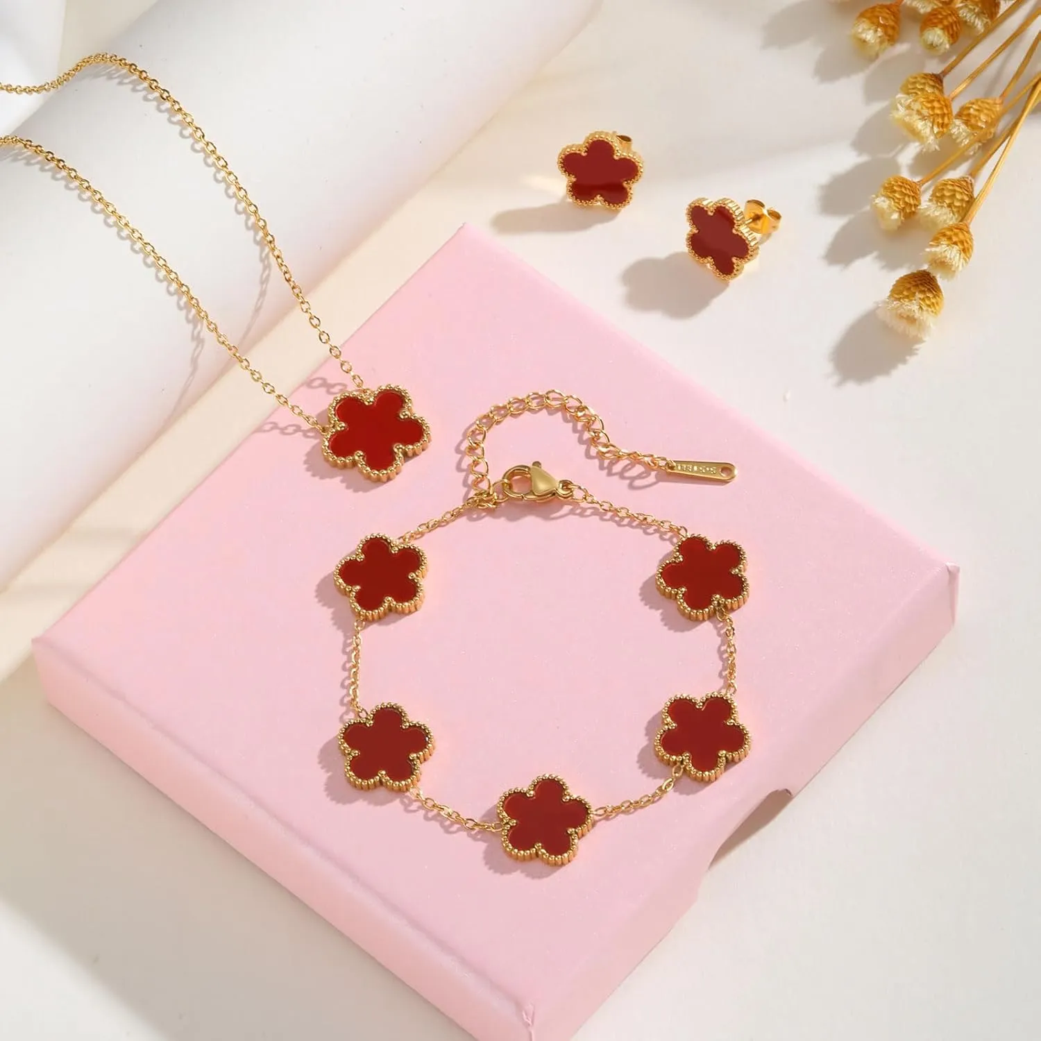 Gold Necklaces Bracelets Earring Set - 18K Gold Plated Flower Bracelet Chain,Stainless Steel Non Tarnish Floral Pendant Stud Jewelry Sets,Christmas Birthday Lucky Gift for Mom Wife Daughter Girlfriend