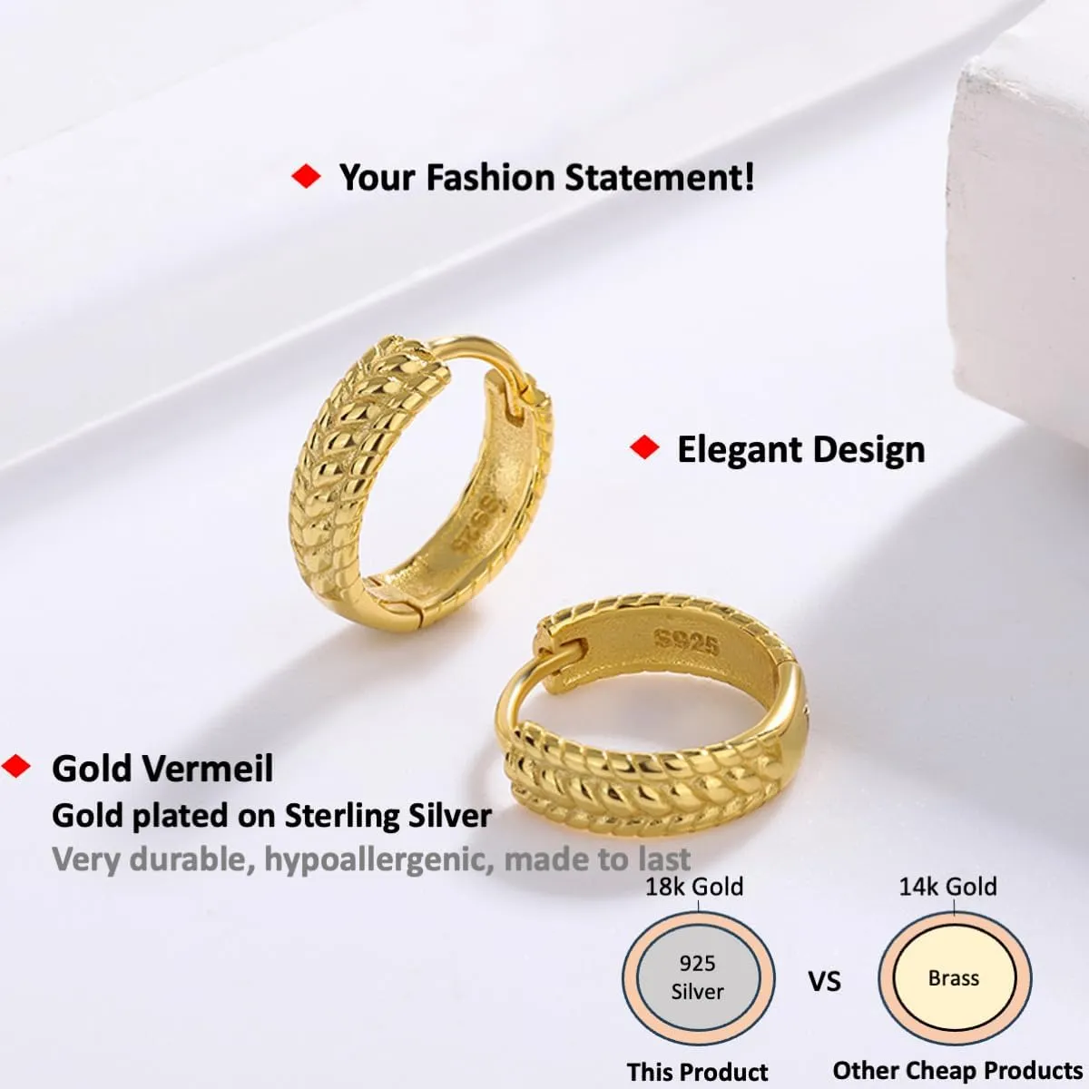 Gold Plated Sterling Silver | Swirl Shaped Gold Tone Stud Earrings | Thick Lightweight Gold Huggies Earrings