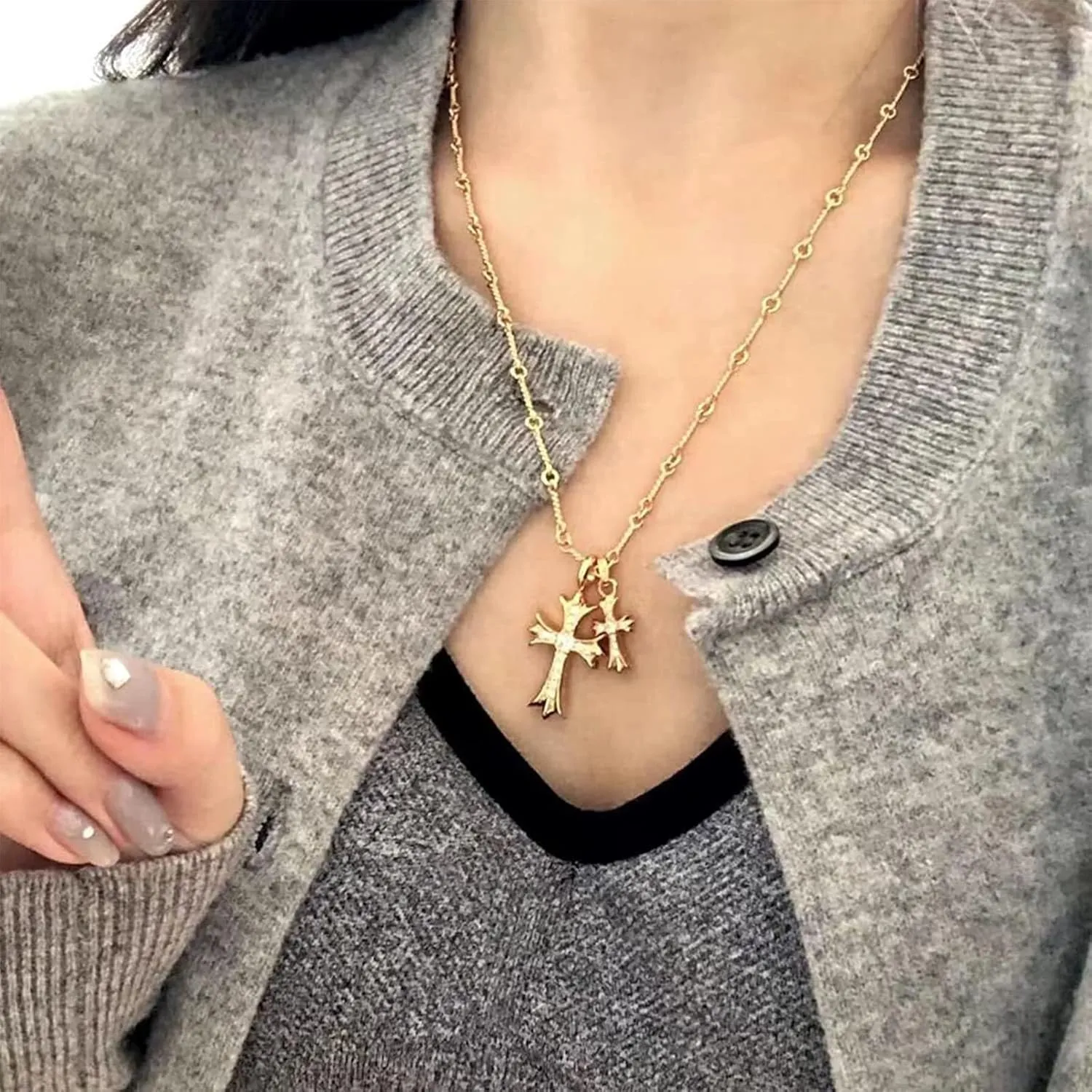 Gold Silver Double Cross Necklace Gothic Double Cross Pendant Necklace Dainty Zircon Cross Charm Link Chain Choker Religious Gifts Faith Jewelry Christmas Halloween Birthday Trend Jewelry Gift