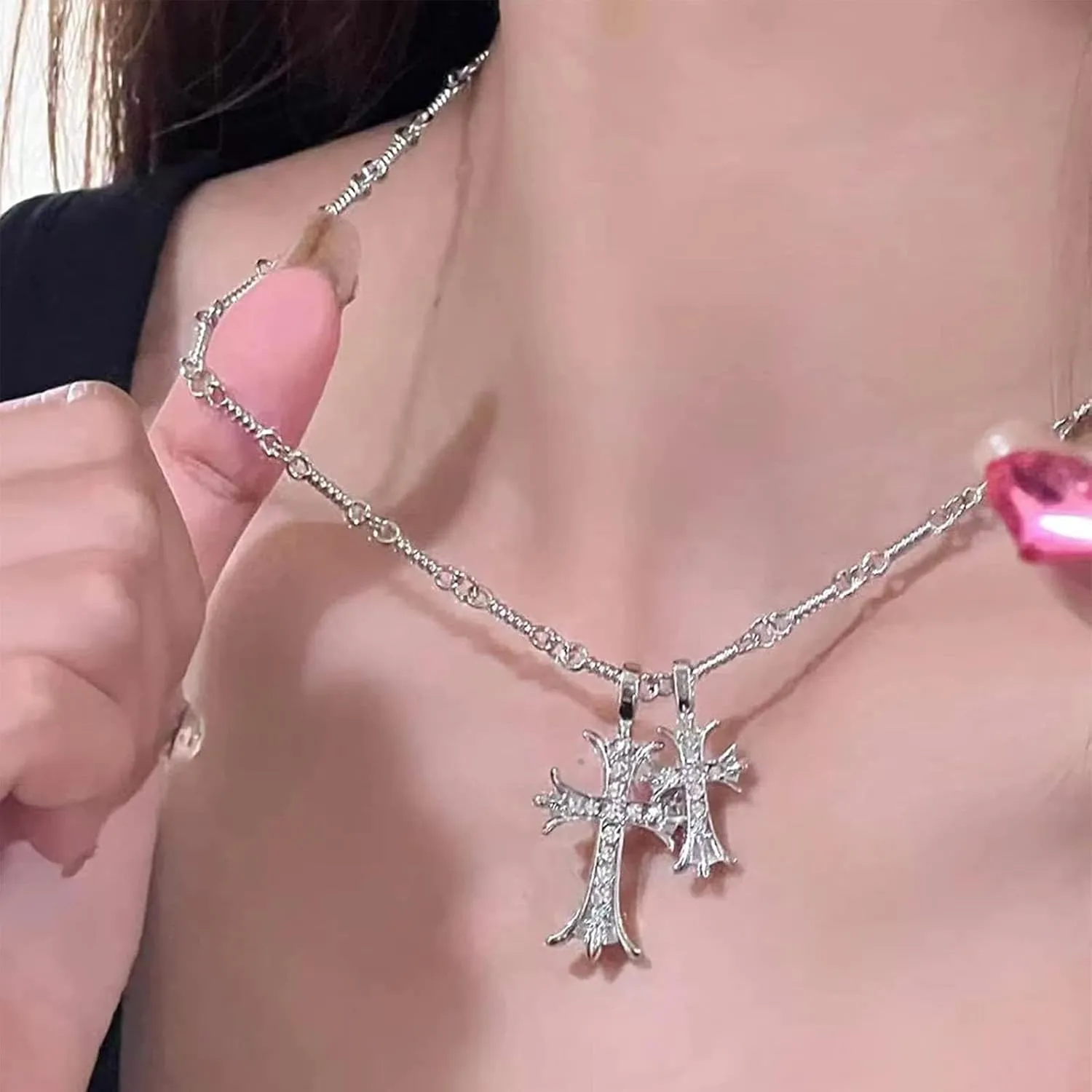 Gold Silver Double Cross Necklace Gothic Double Cross Pendant Necklace Dainty Zircon Cross Charm Link Chain Choker Religious Gifts Faith Jewelry Christmas Halloween Birthday Trend Jewelry Gift