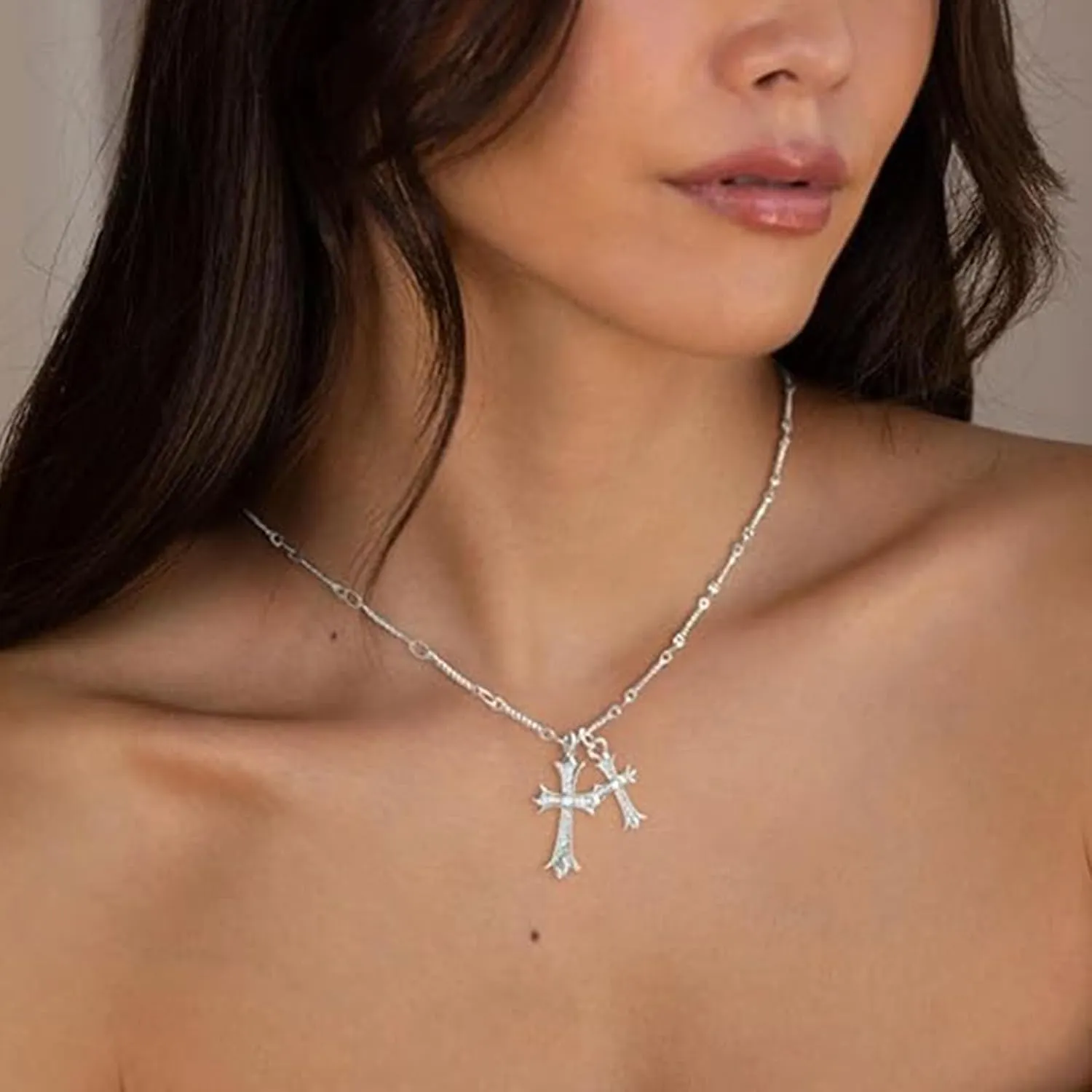 Gold Silver Double Cross Necklace Gothic Double Cross Pendant Necklace Dainty Zircon Cross Charm Link Chain Choker Religious Gifts Faith Jewelry Christmas Halloween Birthday Trend Jewelry Gift