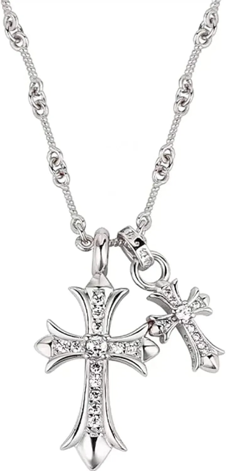 Gold Silver Double Cross Necklace Gothic Double Cross Pendant Necklace Dainty Zircon Cross Charm Link Chain Choker Religious Gifts Faith Jewelry Christmas Halloween Birthday Trend Jewelry Gift