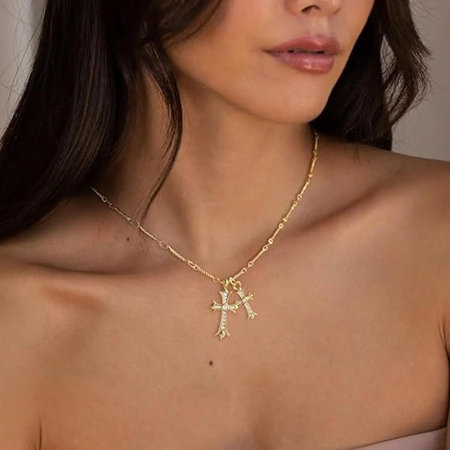 Gold Silver Double Cross Necklace Gothic Double Cross Pendant Necklace Dainty Zircon Cross Charm Link Chain Choker Religious Gifts Faith Jewelry Christmas Halloween Birthday Trend Jewelry Gift