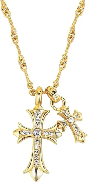 Gold Silver Double Cross Necklace Gothic Double Cross Pendant Necklace Dainty Zircon Cross Charm Link Chain Choker Religious Gifts Faith Jewelry Christmas Halloween Birthday Trend Jewelry Gift