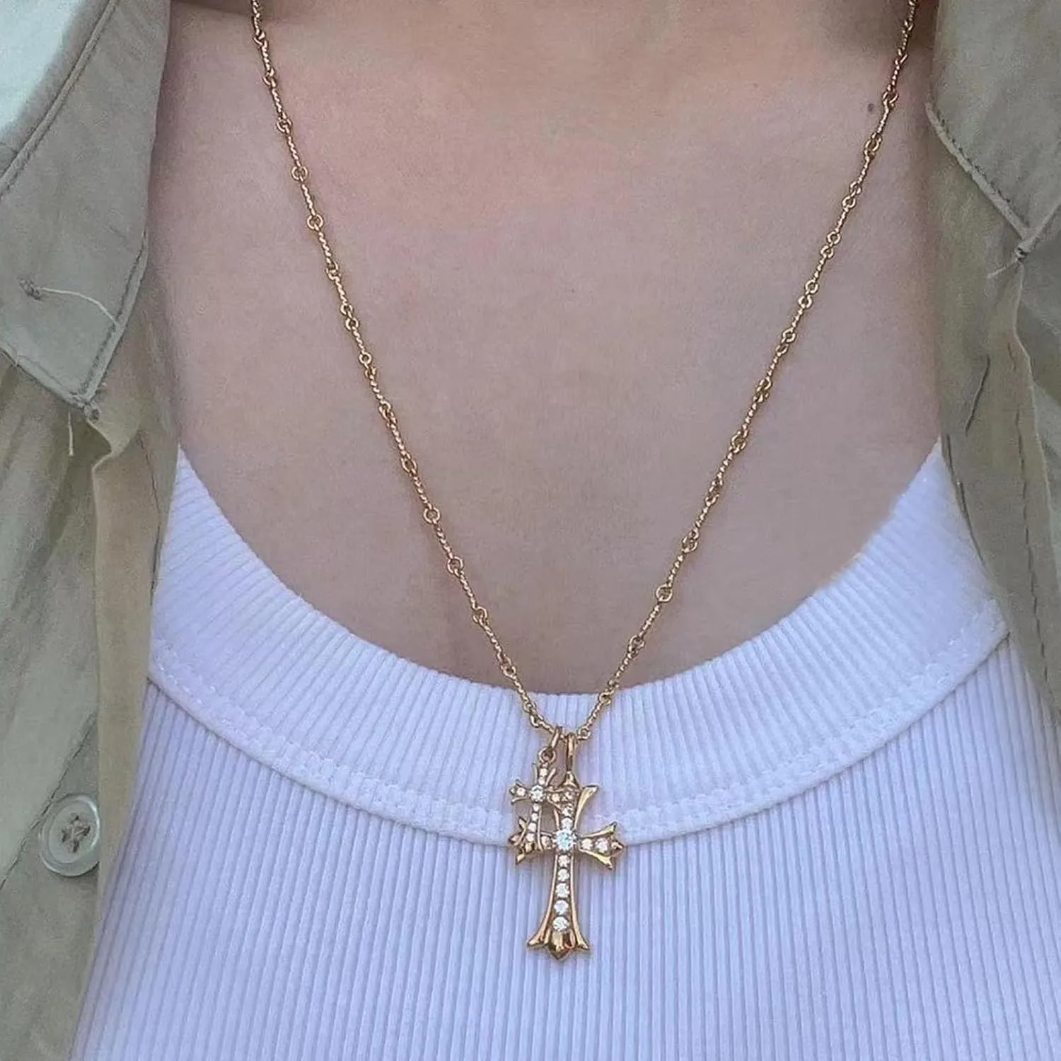 Gold Silver Double Cross Necklace Gothic Double Cross Pendant Necklace Dainty Zircon Cross Charm Link Chain Choker Religious Gifts Faith Jewelry Christmas Halloween Birthday Trend Jewelry Gift
