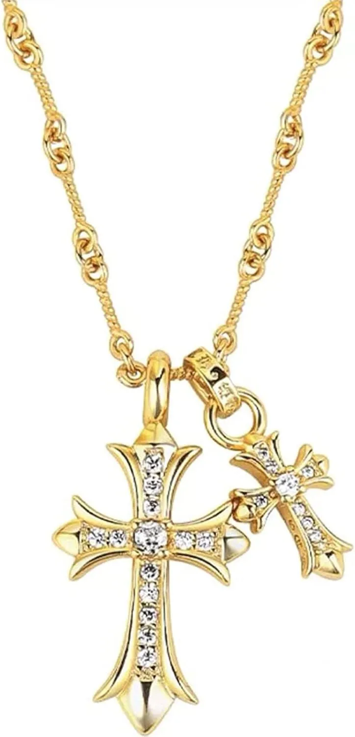 Gold Silver Double Cross Necklace Gothic Double Cross Pendant Necklace Dainty Zircon Cross Charm Link Chain Choker Religious Gifts Faith Jewelry Christmas Halloween Birthday Trend Jewelry Gift