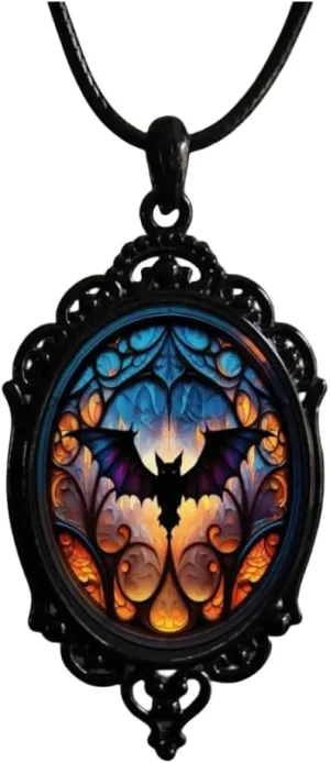 Gothic Bat Glass Pendant Necklace for Women Vintage Gothic Rope Chain Witch Bat Choker Dark Punk Style Necklace Victoria Emboss Necklaces Mystic Witch Jewelry Accessories