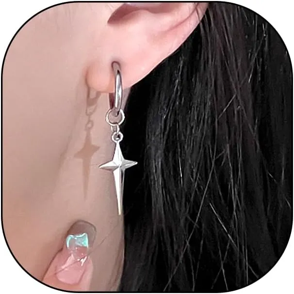 Gothic Grunge Star Hoop Dangle Earrings for Women,Silver Celestial Spike Huggie Earrings Y2k Statement Jewelry,Minimalist Halloween Christmas Gifts