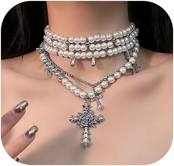Gothic Pearl Cross Necklace Y2K Layered Cross Pearl Stacked Choker Necklace for Wome