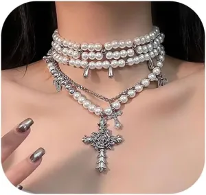 Gothic Pearl Cross Necklace Y2K Layered Cross Pearl Stacked Choker Necklace for Wome