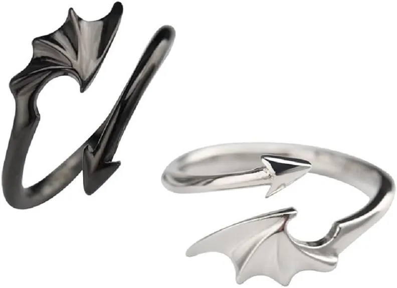 Gothic Vintage Angel Demon Wing Rings Couples Set Punk Angel Devil Wing Adjustable Rings for Men Women