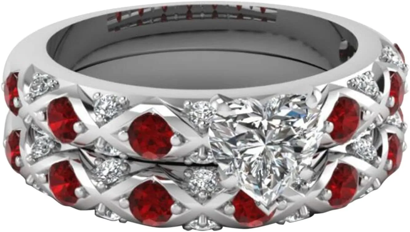 Gsdviyh36 Ring Peach Pattern American Inlaid Couple Ring Diamonds Zircon European Full and Heart Micro-Inlaid Diamonds Rings One Rings (RED, 8)