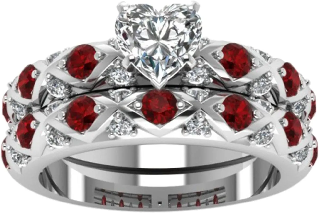 Gsdviyh36 Ring Peach Pattern American Inlaid Couple Ring Diamonds Zircon European Full and Heart Micro-Inlaid Diamonds Rings One Rings (RED, 8)
