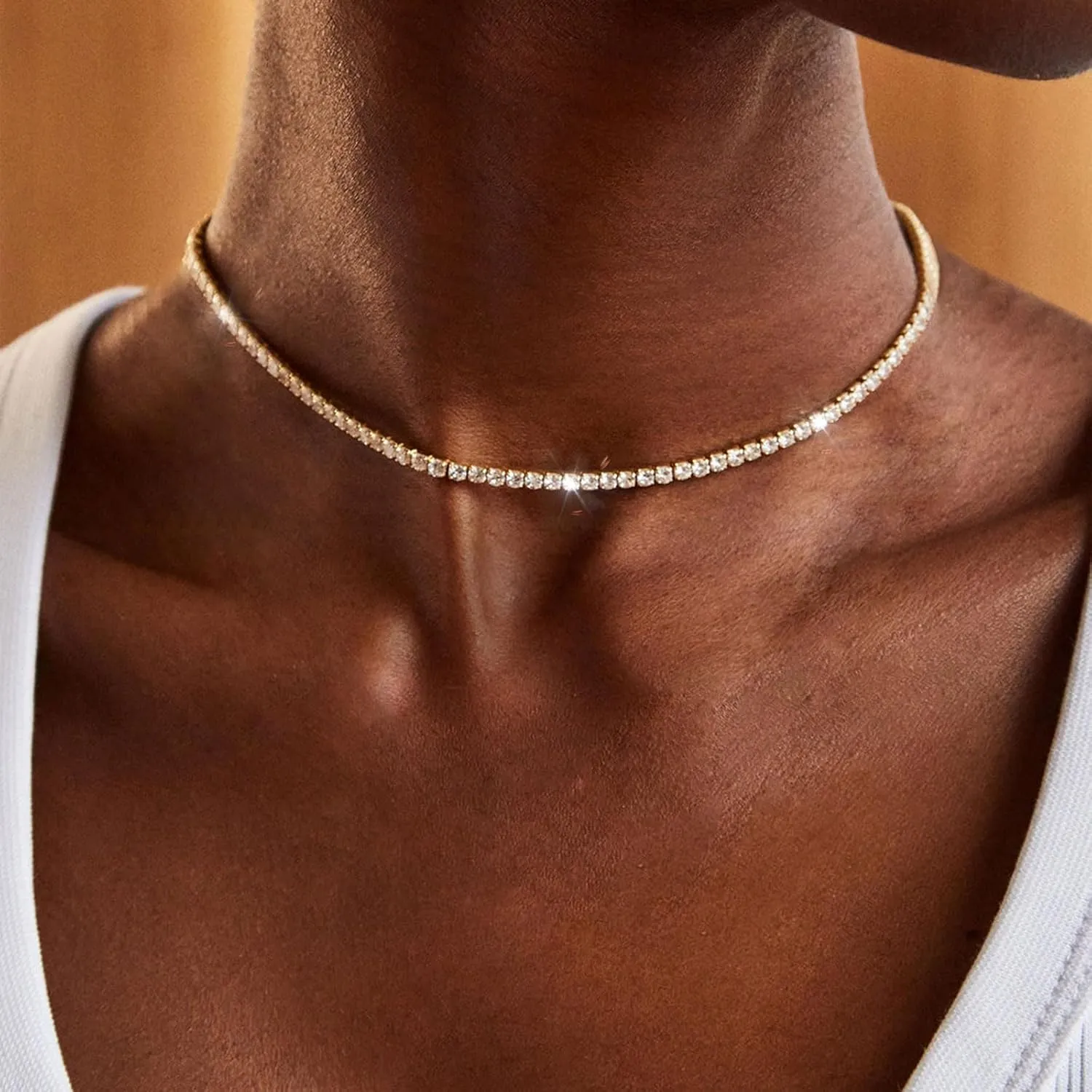 HANLI Tennis Choker Necklace 14K Gold/Silver Plated 2.5mm 3mm 4mm Classic Diamond Tennis Choker Necklace Dainty Sparking Cubic Zirconia Necklace Bridal Wedding Jewelry for Women