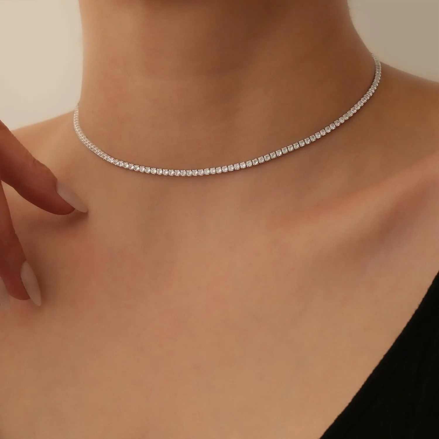 HANLI Tennis Choker Necklace 14K Gold/Silver Plated 2.5mm 3mm 4mm Classic Diamond Tennis Choker Necklace Dainty Sparking Cubic Zirconia Necklace Bridal Wedding Jewelry for Women