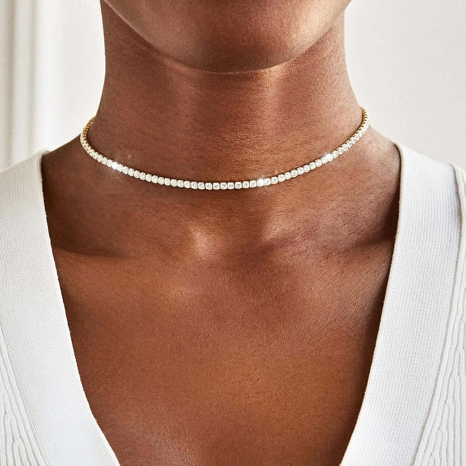 HANLI Tennis Choker Necklace 14K Gold/Silver Plated 2.5mm 3mm 4mm Classic Diamond Tennis Choker Necklace Dainty Sparking Cubic Zirconia Necklace Bridal Wedding Jewelry for Women