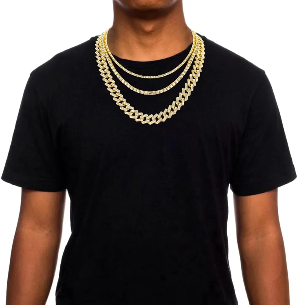 HH BLING EMPIRE Gold Silver Chain Necklace for Men Women Iced Out Diamond Tennis and Cuban Link Chain Necklaces Hip Hop Jewelry Sets 3Pc 18/20/24 Inch
