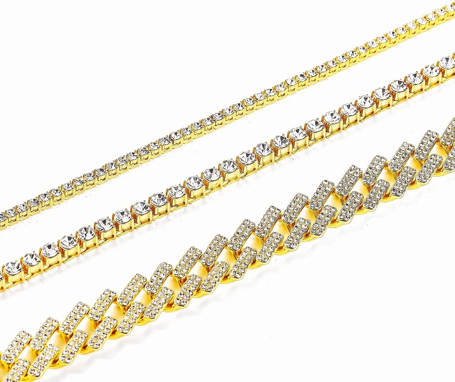 HH BLING EMPIRE Gold Silver Chain Necklace for Men Women Iced Out Diamond Tennis and Cuban Link Chain Necklaces Hip Hop Jewelry Sets 3Pc 18/20/24 Inch