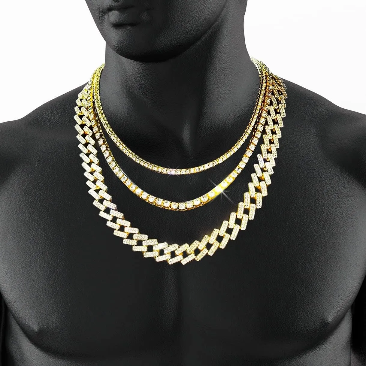 HH BLING EMPIRE Gold Silver Chain Necklace for Men Women Iced Out Diamond Tennis and Cuban Link Chain Necklaces Hip Hop Jewelry Sets 3Pc 18/20/24 Inch