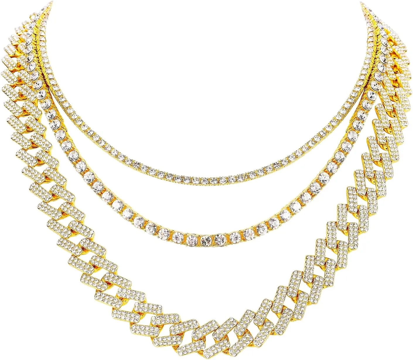 HH BLING EMPIRE Gold Silver Chain Necklace for Men Women Iced Out Diamond Tennis and Cuban Link Chain Necklaces Hip Hop Jewelry Sets 3Pc 18/20/24 Inch