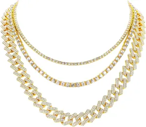 HH BLING EMPIRE Gold Silver Chain Necklace for Men Women Iced Out Diamond Tennis and Cuban Link Chain Necklaces Hip Hop Jewelry Sets 3Pc 18/20/24 Inch