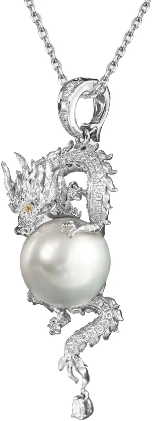 Hi Pearl Dragon Necklace for Men Women, Unisex Necklace AAA 10mm Natural Pearl Pendant Necklace Loong Play Ball Chinese Dragon Jewelry, 18 Inches with Extender