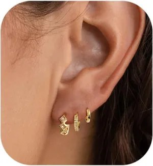 Hoop Earrings for Women, 14k Dainty Gold Earrings Set Small Hoop Earrings for Women Hypoallergenic Earring Sets for Multiple Piercing Trendy CZ Gold Earrings Set Gold Jewelry Gifts