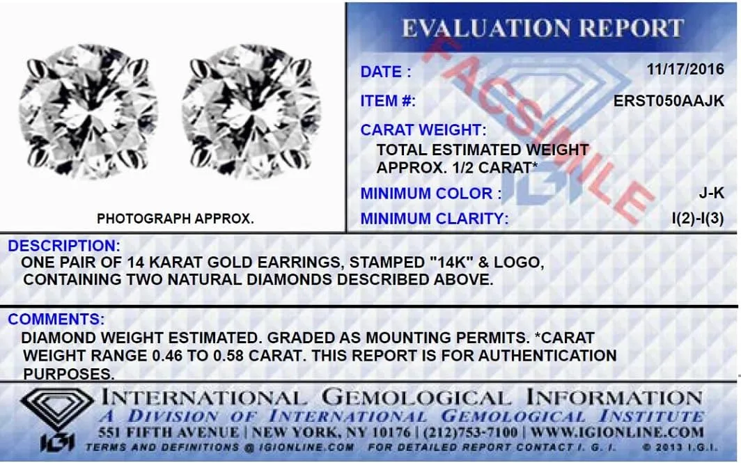 IGI Certified 1/2ct TW Round Real Diamond Stud Earrings for Women in 14K White Gold or Yellow Gold with Screw Backs