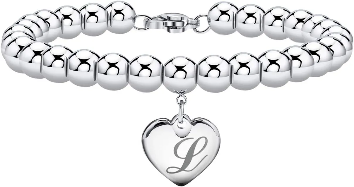 Initial Heart Charm Bracelets for Women Kids Stainless Steel Beads 26 Letters Bracelet Jewelry Birthday Gift for Teens Girls