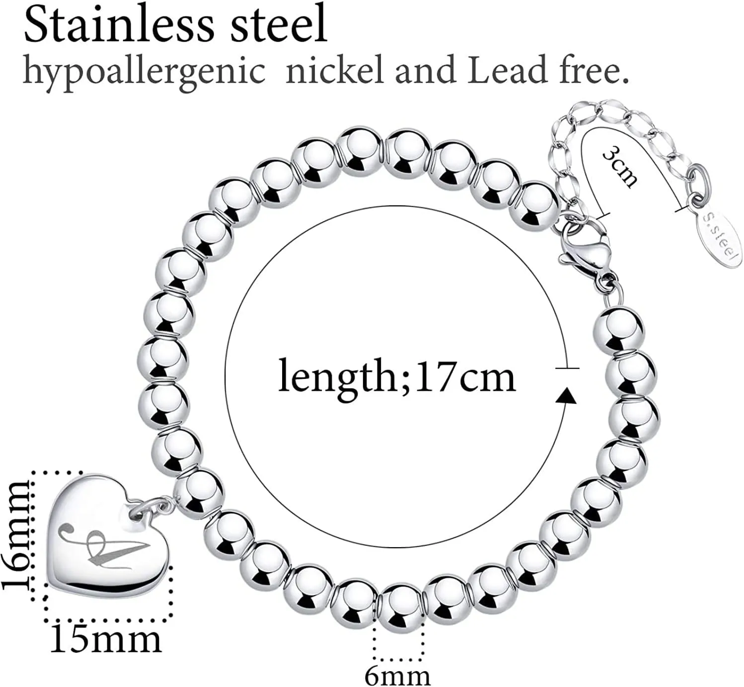 Initial Heart Charm Bracelets for Women Kids Stainless Steel Beads 26 Letters Bracelet Jewelry Birthday Gift for Teens Girls