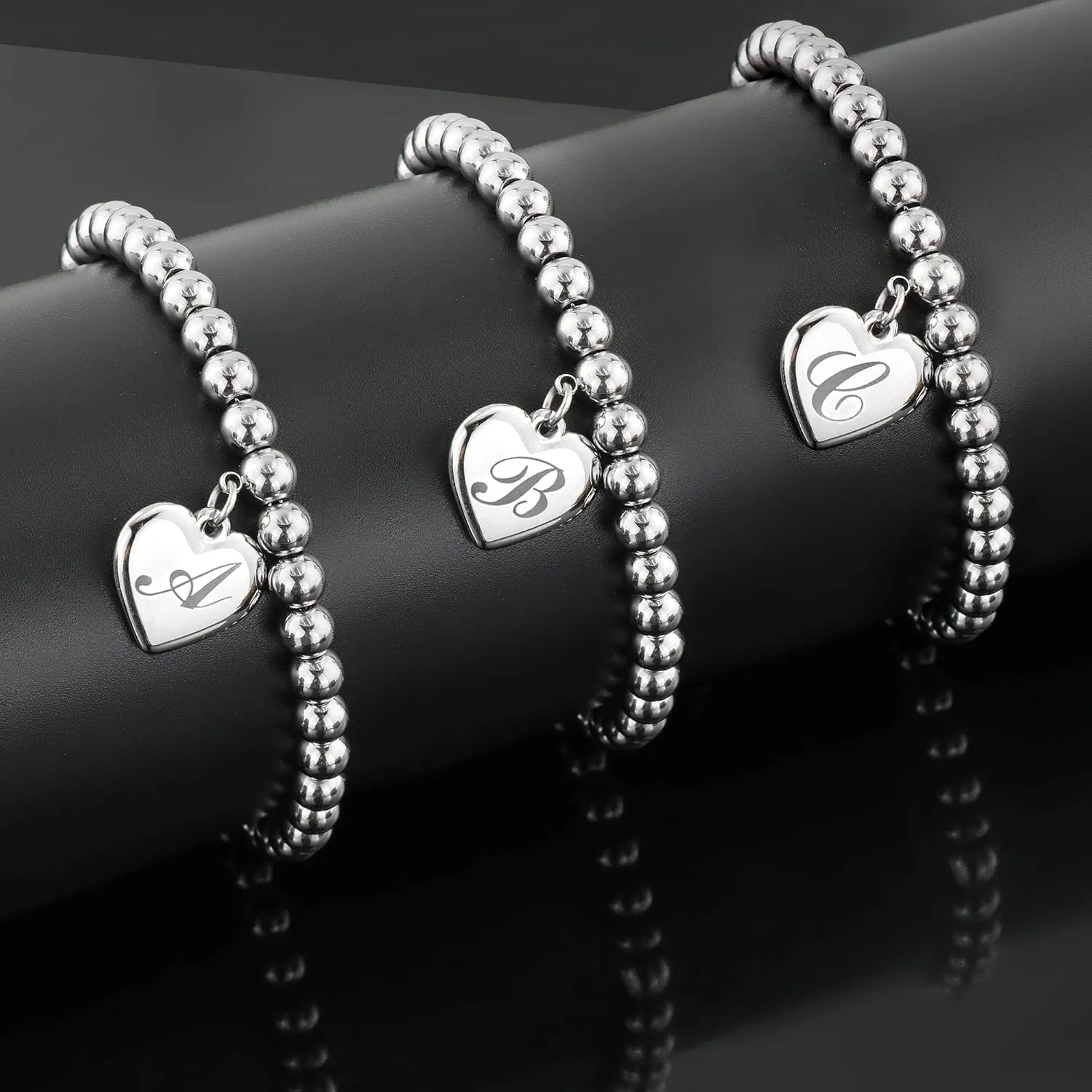 Initial Heart Charm Bracelets for Women Kids Stainless Steel Beads 26 Letters Bracelet Jewelry Birthday Gift for Teens Girls
