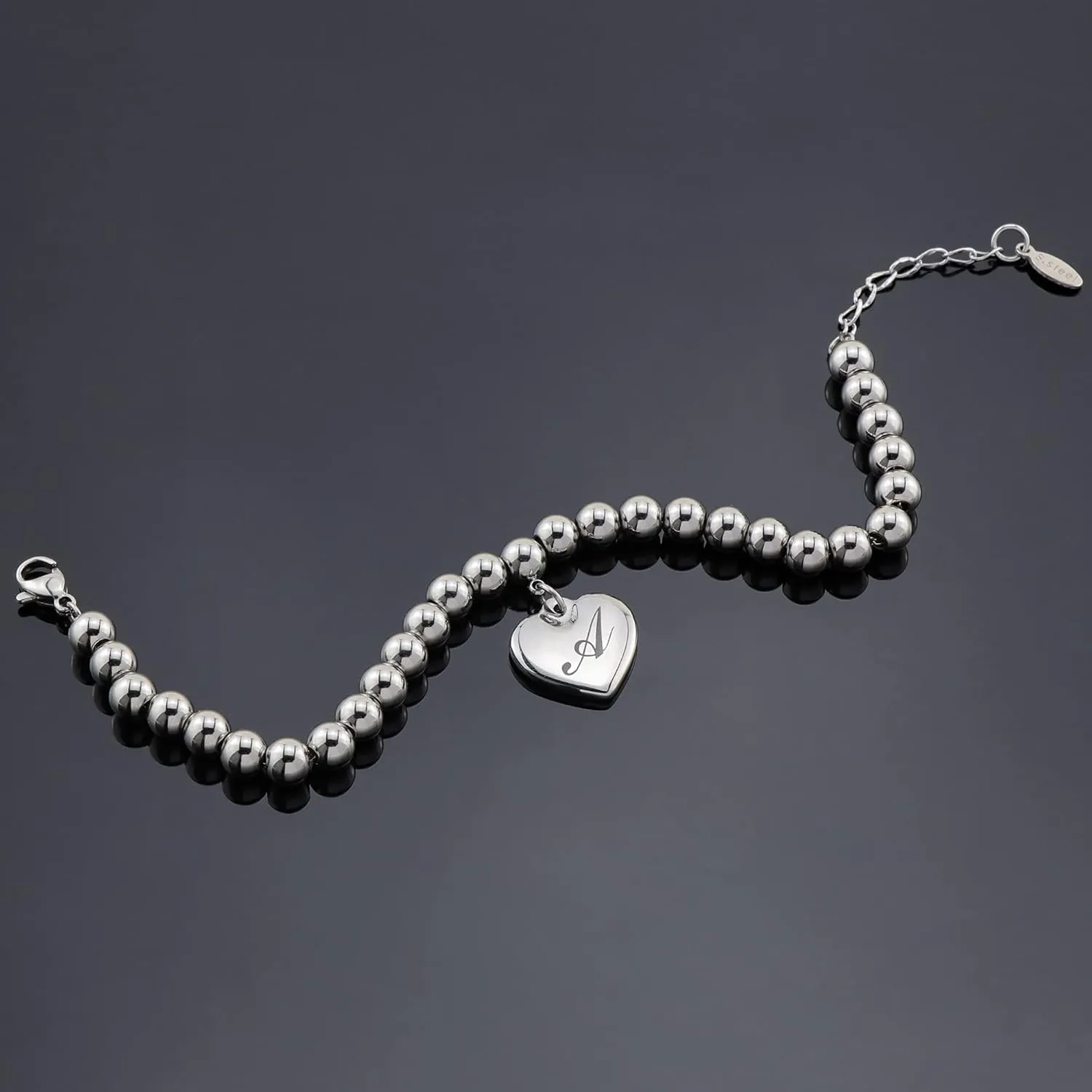 Initial Heart Charm Bracelets for Women Kids Stainless Steel Beads 26 Letters Bracelet Jewelry Birthday Gift for Teens Girls