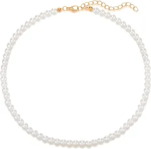 JANEIN Round Pearl Necklace | White Faux Pearl Necklace | Imitation Pearl Choker for Women | Wedding Jewelry (4mm-10mm)