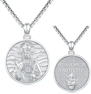 Jesus Heart Necklace for Men 925 Sterling Silver Sacred Heart of Jesus Have Mercy on Us Medal Pendant Medallion Necklaces Protection Jewelry Gift for Women