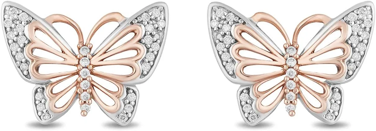 Jewelili Enchanted Disney Fine Jewelry 10K rose gold and sterling silver 1/10 cttw natural white round diamond butterfly mulan butterfly earrings