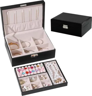 Jewelry Boxes for Women Girls, Jewelry Organizer Box, 2 Layers Jewelry Storage Organizer for Earring, Ring, Necklace, Bracelets. (black)
