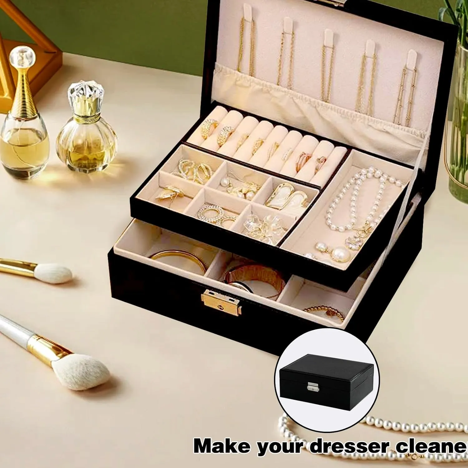Jewelry Boxes for Women Girls, Jewelry Organizer Box, 2 Layers Jewelry Storage Organizer for Earring, Ring, Necklace, Bracelets. (black)