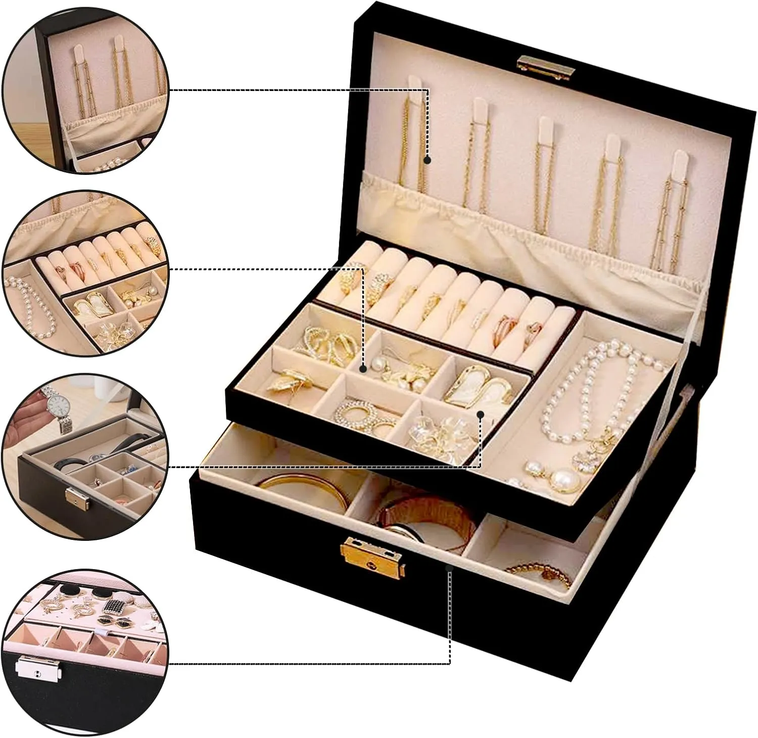 Jewelry Boxes for Women Girls, Jewelry Organizer Box, 2 Layers Jewelry Storage Organizer for Earring, Ring, Necklace, Bracelets. (black)