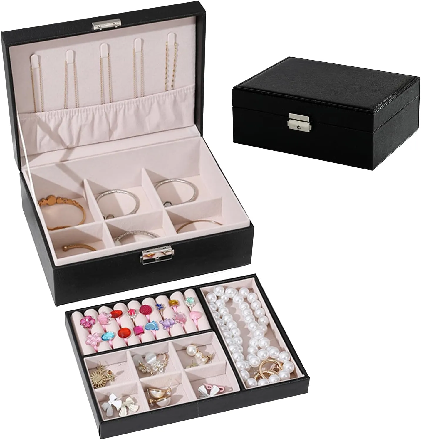 Jewelry Boxes for Women Girls, Jewelry Organizer Box, 2 Layers Jewelry Storage Organizer for Earring, Ring, Necklace, Bracelets. (black)