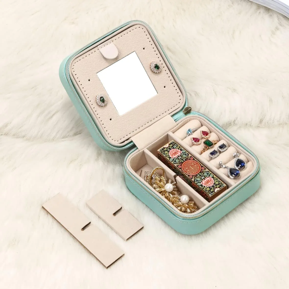 Jewelry Case with Mirror, Small Travel Jewelry Organizer, Portable Mini Storage Box for Rings, Earrings, Necklaces, Gift for Mother Mom, Girl, Daughter, Sisters, Bridesmaids, Mother's Day Gift (Blue)