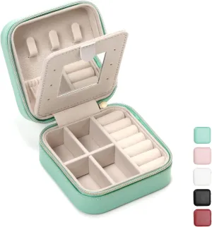Jewelry Case with Mirror, Small Travel Jewelry Organizer, Portable Mini Storage Box for Rings, Earrings, Necklaces, Gift for Mother Mom, Girl, Daughter, Sisters, Bridesmaids, Mother's Day Gift (Blue)