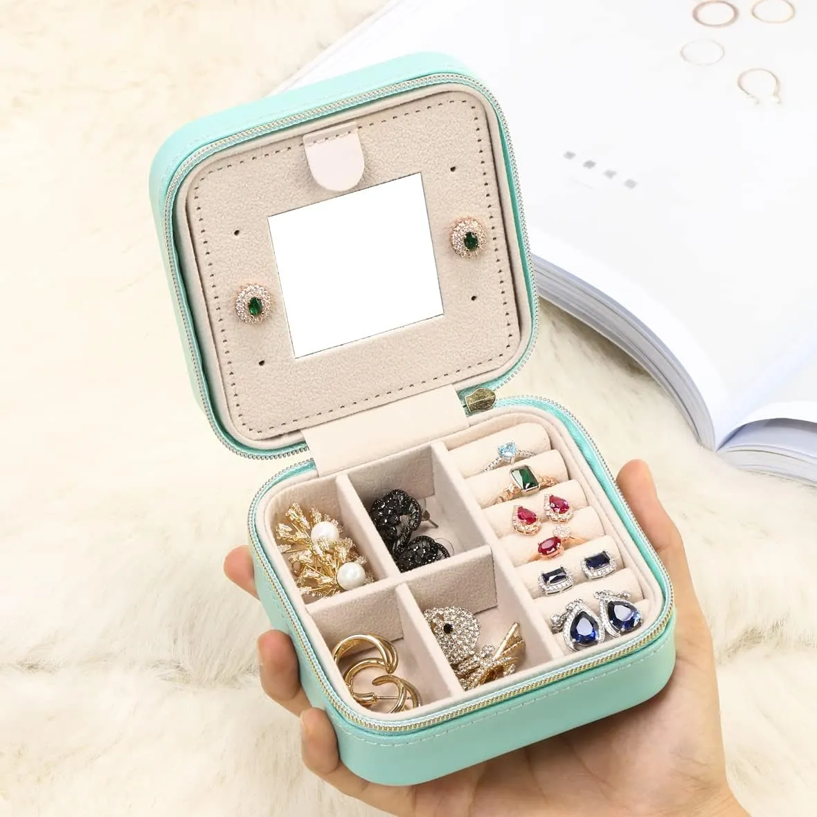 Jewelry Case with Mirror, Small Travel Jewelry Organizer, Portable Mini Storage Box for Rings, Earrings, Necklaces, Gift for Mother Mom, Girl, Daughter, Sisters, Bridesmaids, Mother's Day Gift (Blue)