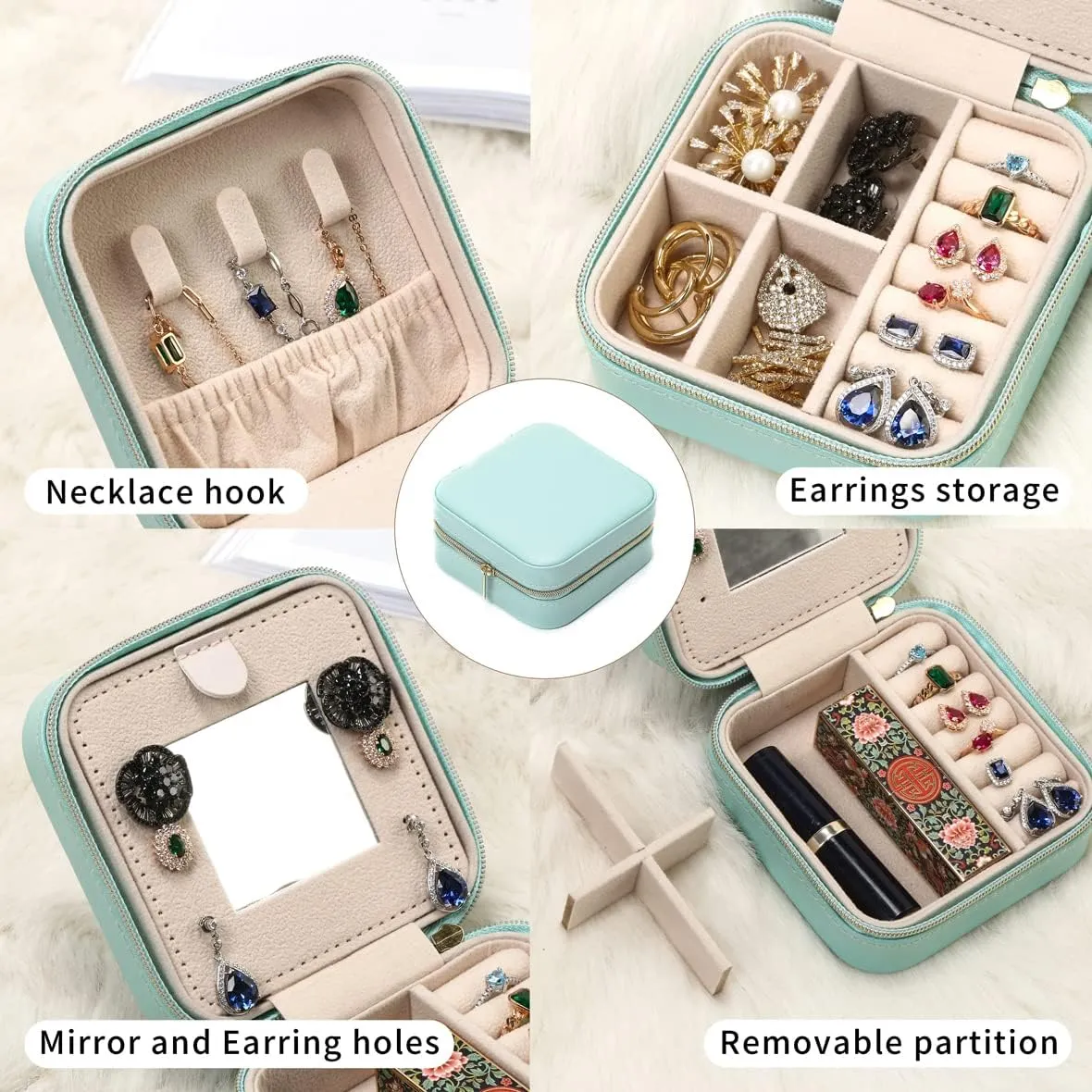 Jewelry Case with Mirror, Small Travel Jewelry Organizer, Portable Mini Storage Box for Rings, Earrings, Necklaces, Gift for Mother Mom, Girl, Daughter, Sisters, Bridesmaids, Mother's Day Gift (Blue)