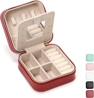 Jewelry Case with Mirror, Small Travel Jewelry Organizer, Portable Mini Storage Box for Rings, Earrings, Necklaces, Gift for Mother Mom, Girl, Daughter, Sisters, Bridesmaids, Mother's Day Gift (Red)
