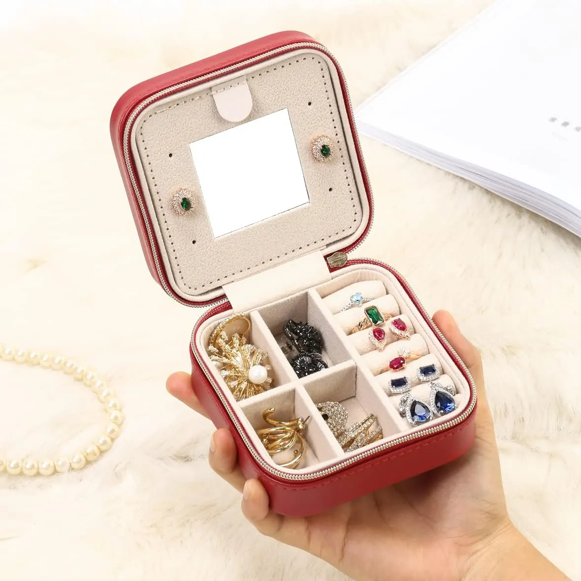 Jewelry Case with Mirror, Small Travel Jewelry Organizer, Portable Mini Storage Box for Rings, Earrings, Necklaces, Gift for Mother Mom, Girl, Daughter, Sisters, Bridesmaids, Mother's Day Gift (Red)