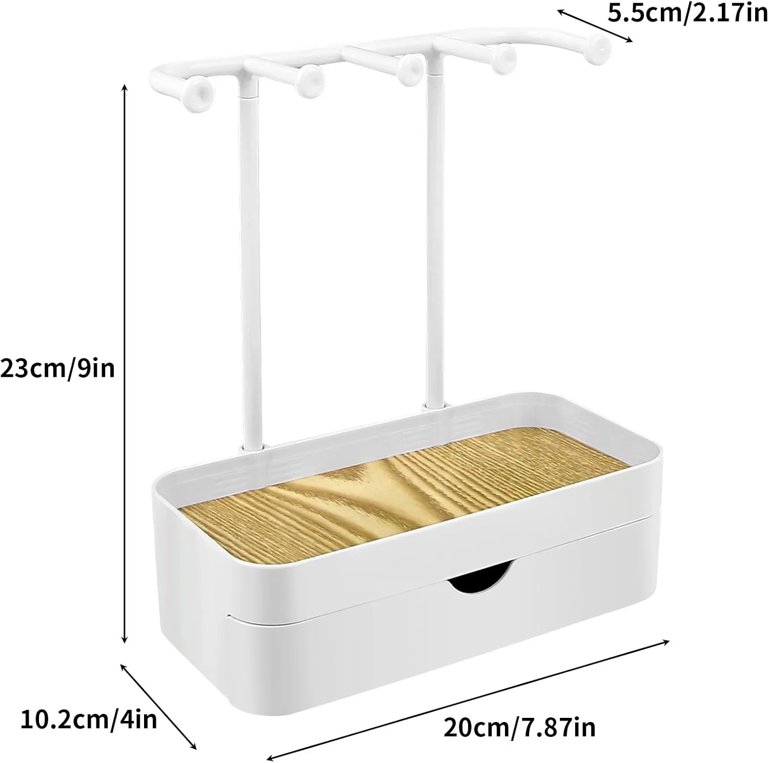 Jewelry Organizer Stand, Necklaces Holder with Wooden Tray, Necklace Display Stand Jewelry Storage Hooks for Necklace, Bracelets, Earrings, Ring, Keys, Watches (White-Double)