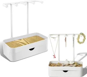 Jewelry Organizer Stand, Necklaces Holder with Wooden Tray, Necklace Display Stand Jewelry Storage Hooks for Necklace, Bracelets, Earrings, Ring, Keys, Watches (White-Double)
