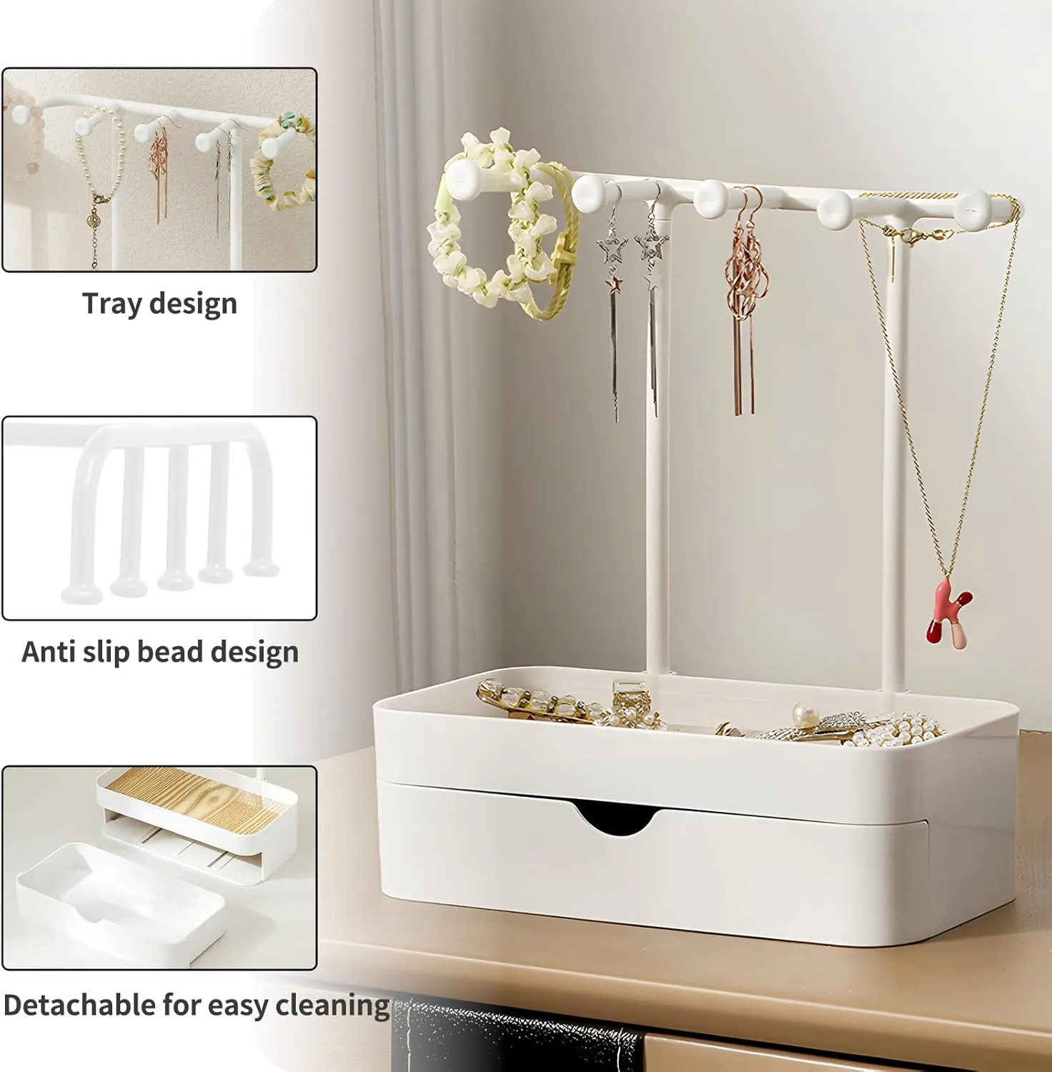 Jewelry Organizer Stand, Necklaces Holder with Wooden Tray, Necklace Display Stand Jewelry Storage Hooks for Necklace, Bracelets, Earrings, Ring, Keys, Watches (White-Double)