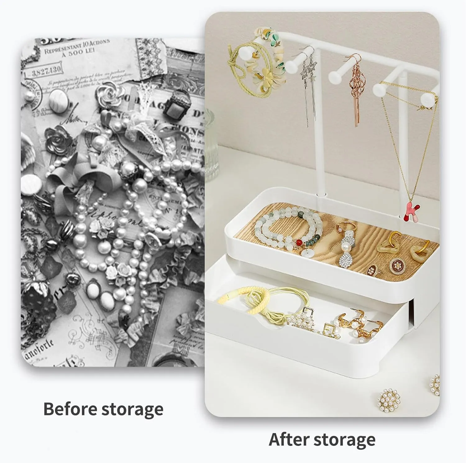 Jewelry Organizer Stand, Necklaces Holder with Wooden Tray, Necklace Display Stand Jewelry Storage Hooks for Necklace, Bracelets, Earrings, Ring, Keys, Watches (White-Double)